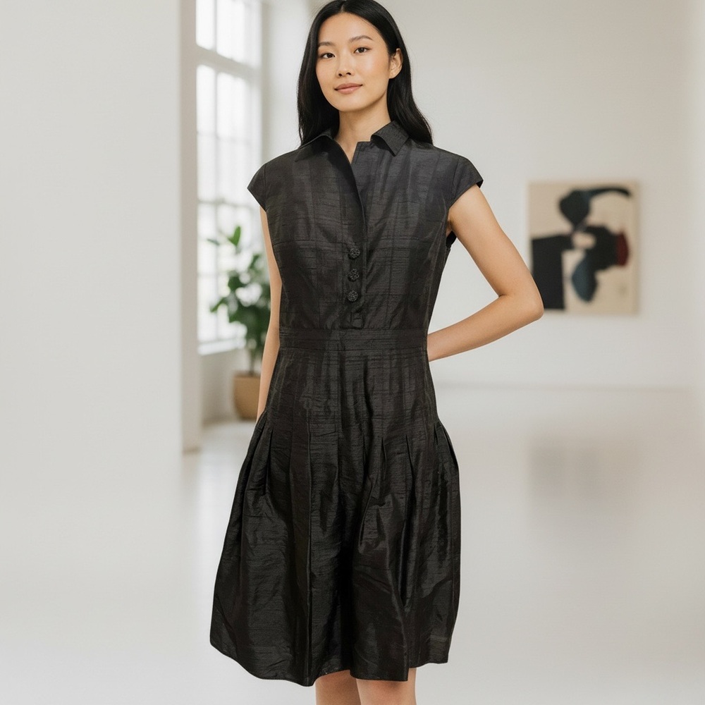❤️ Kay Unger Retro Black Silk Shantung Drop Waist Dress